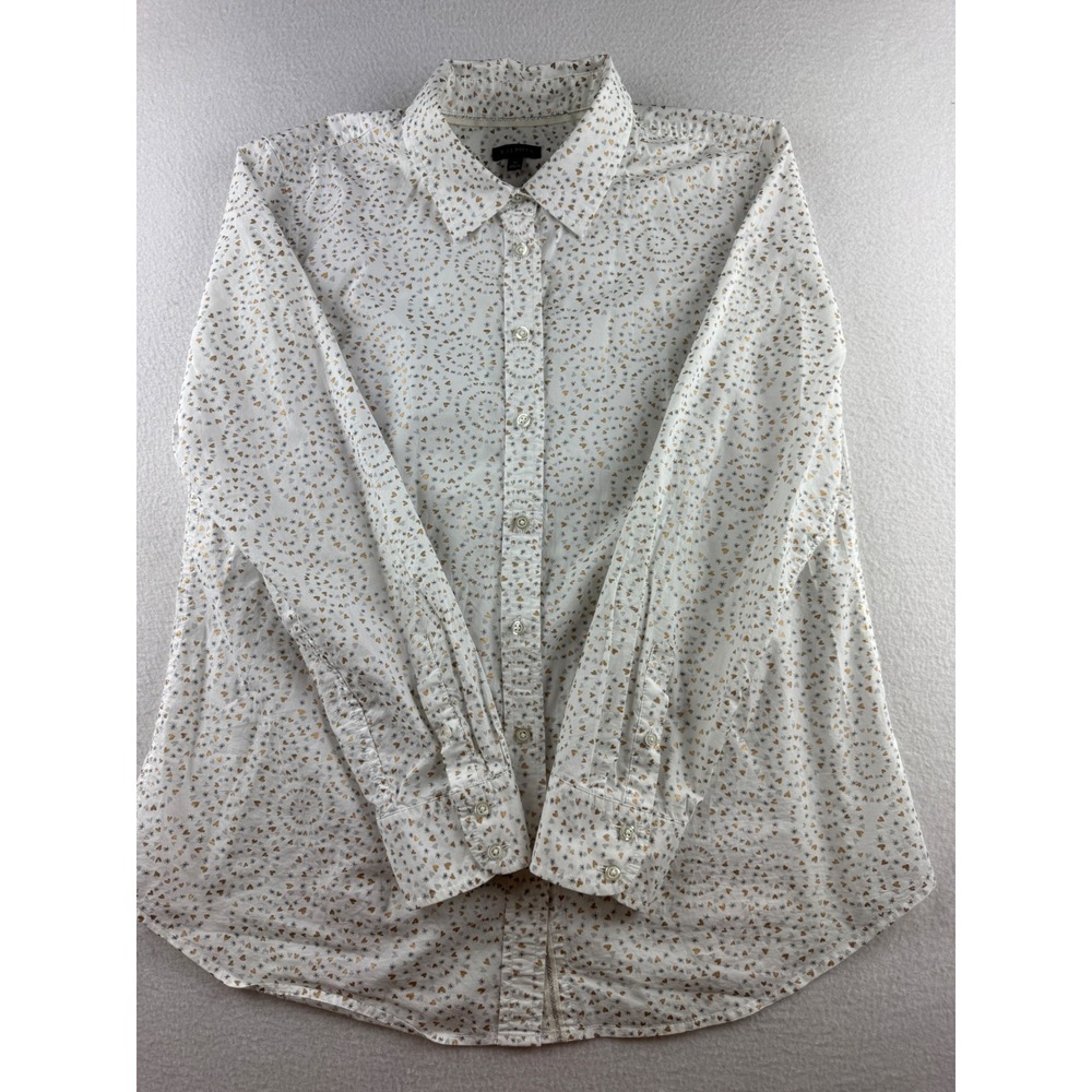 Talbots Womens White Gold Metallic Heart Star Button Down Shirt Medium M